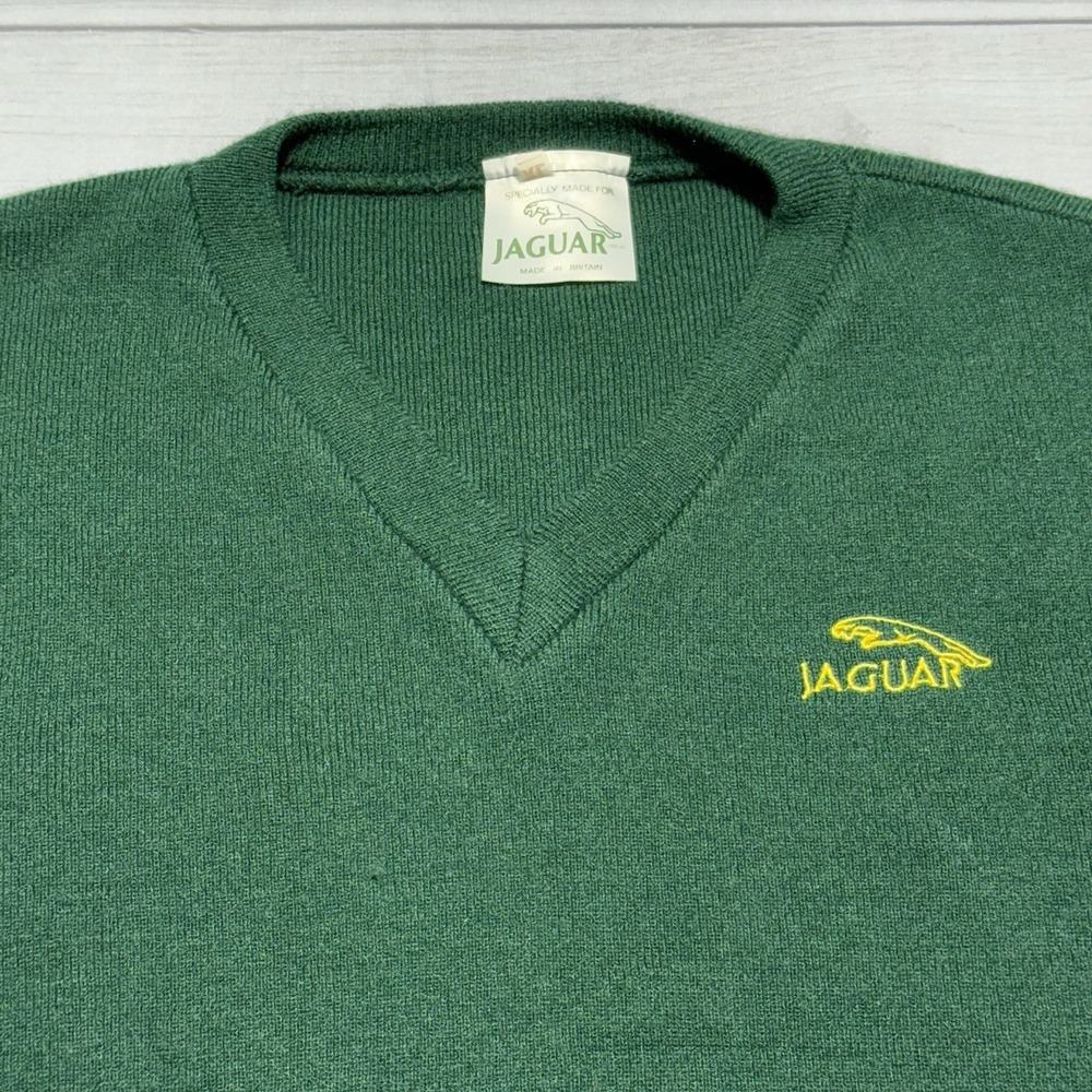 VTG Jaguar Sweater Mens XL Green 100% Wool V-Neck Pullover British Racing Cars